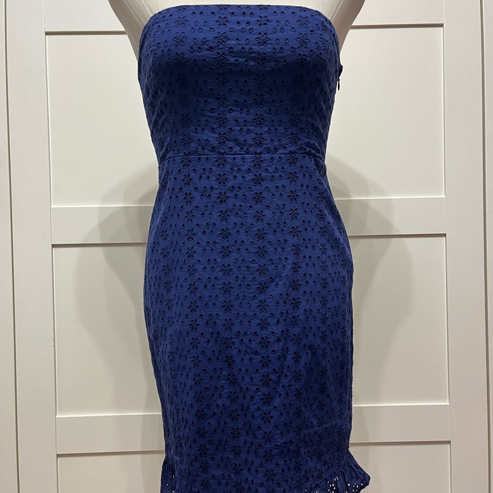 Strapless navy cotton eyelet dress